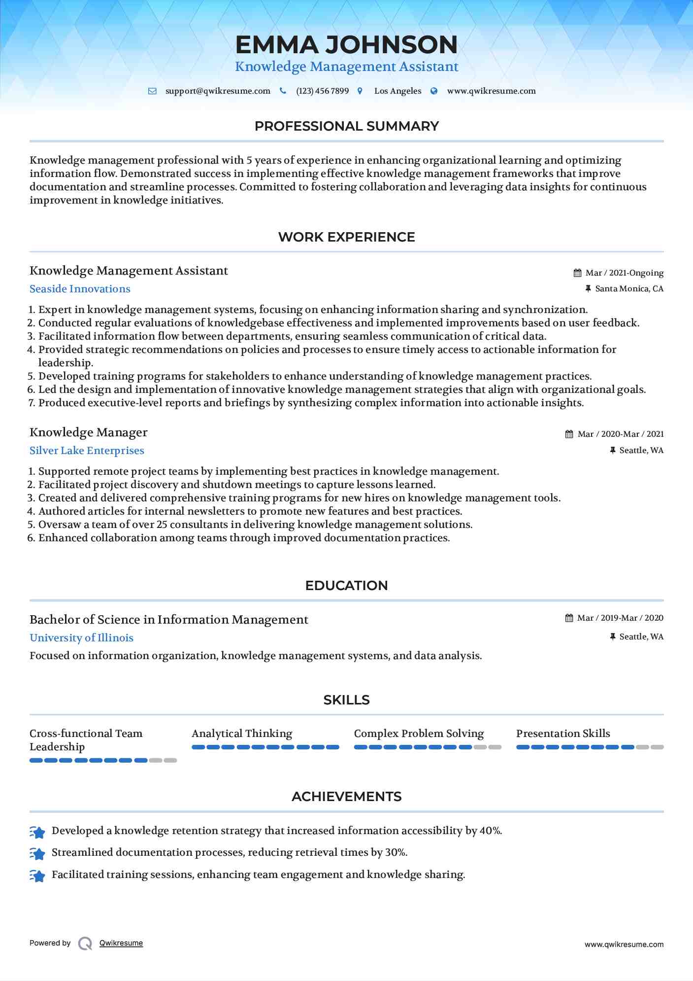 Knowledge Management Assistant Resume Format