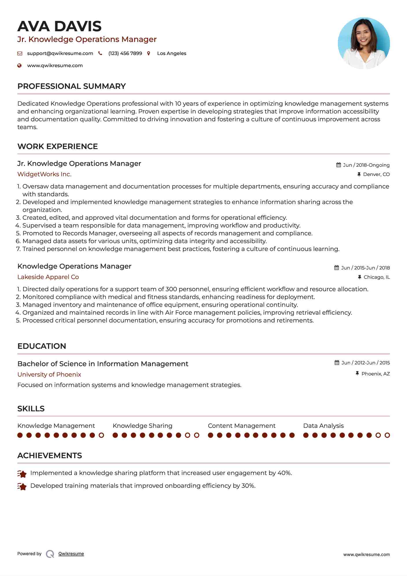 Jr. Knowledge Operations Manager Resume Sample