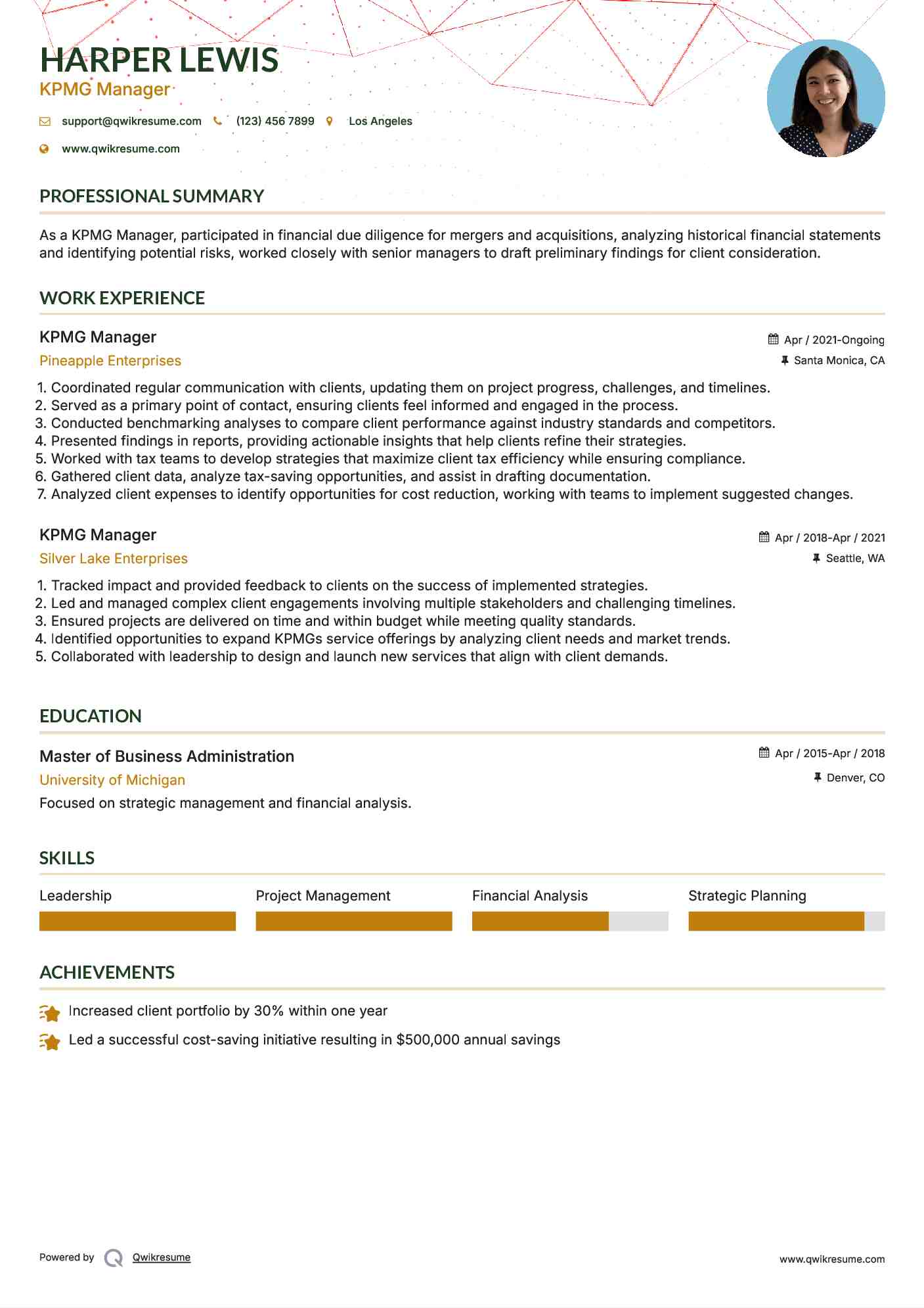 KPMG Manager Resume Example