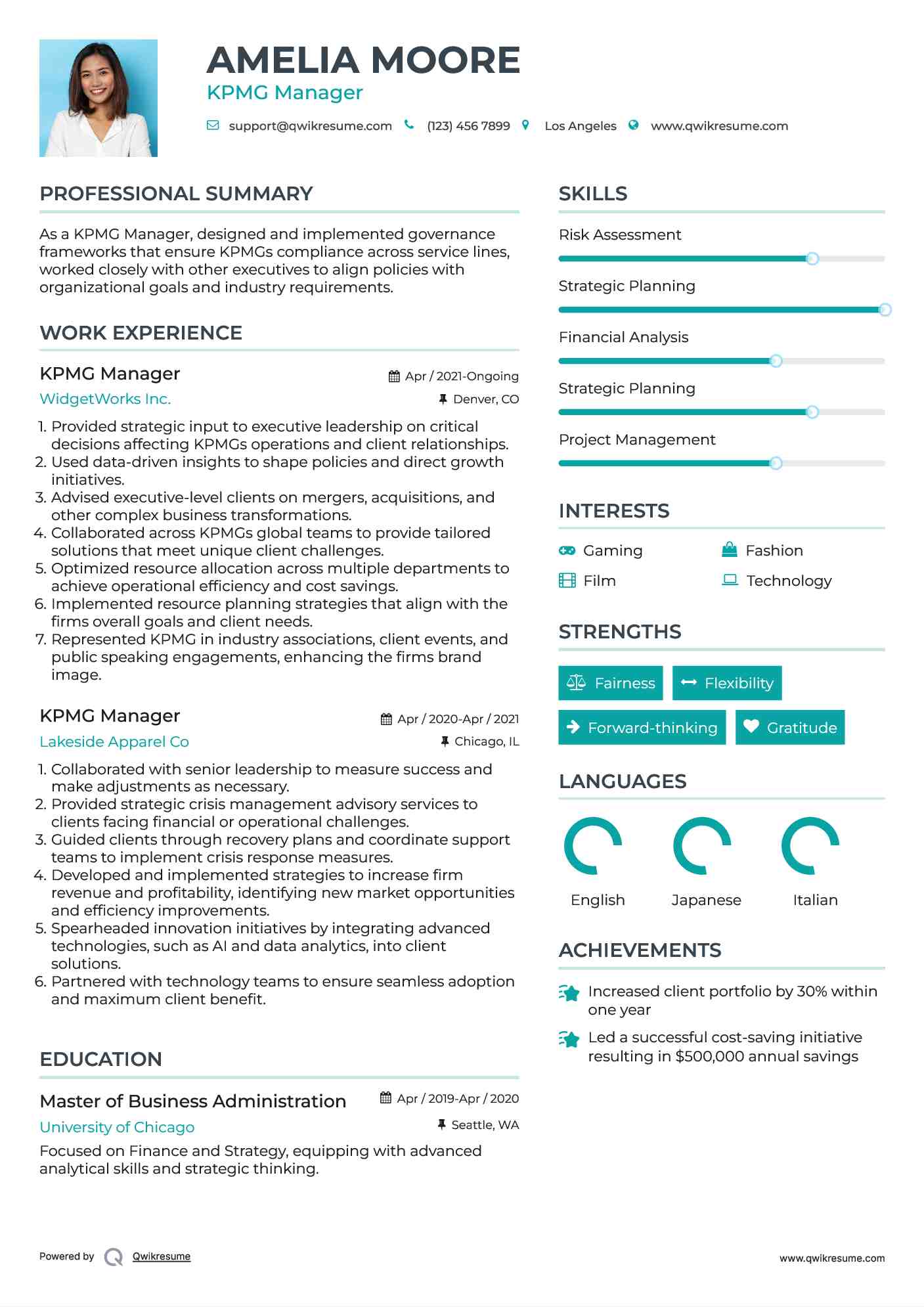 KPMG Manager Resume Sample