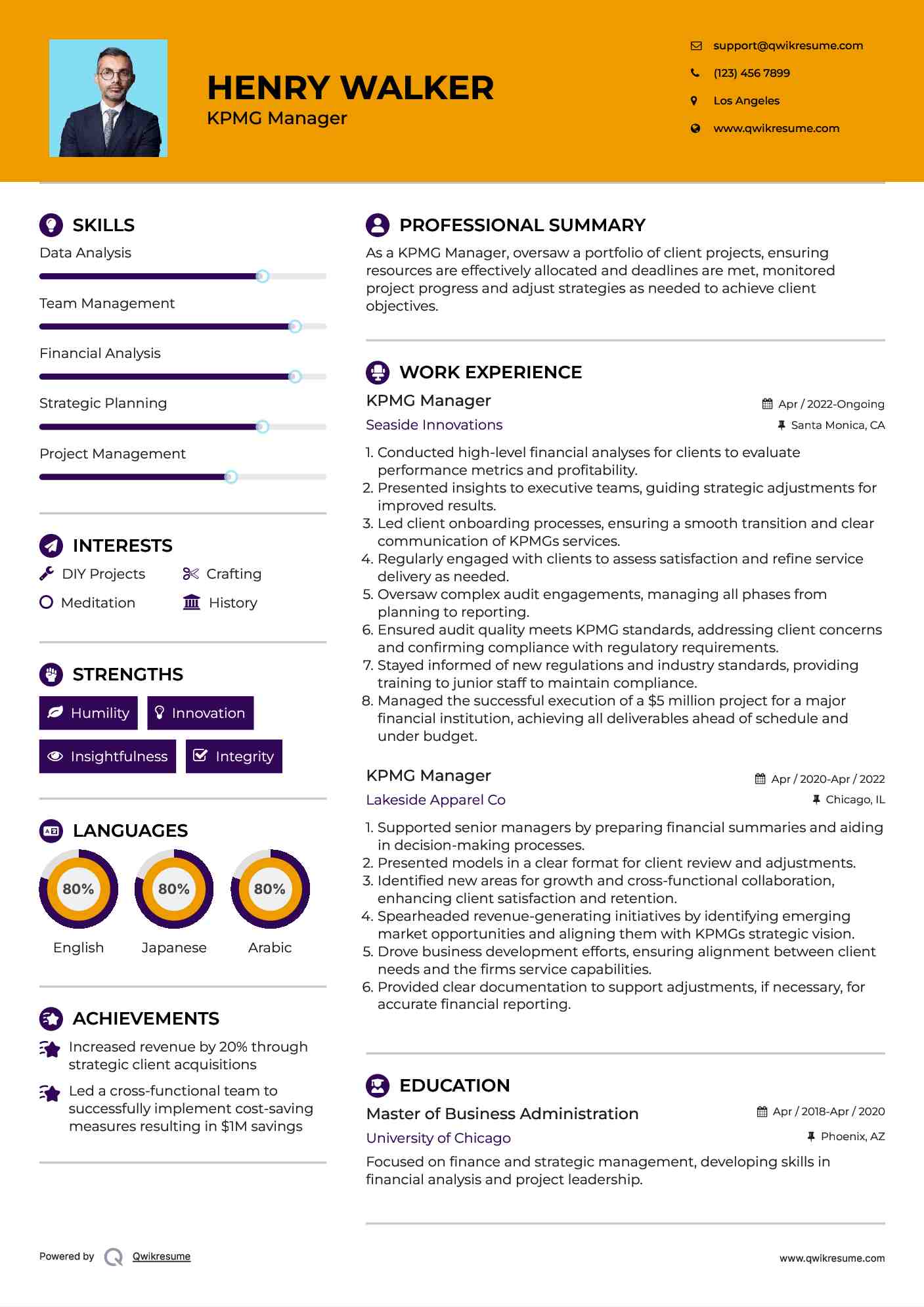 KPMG Manager Resume Example