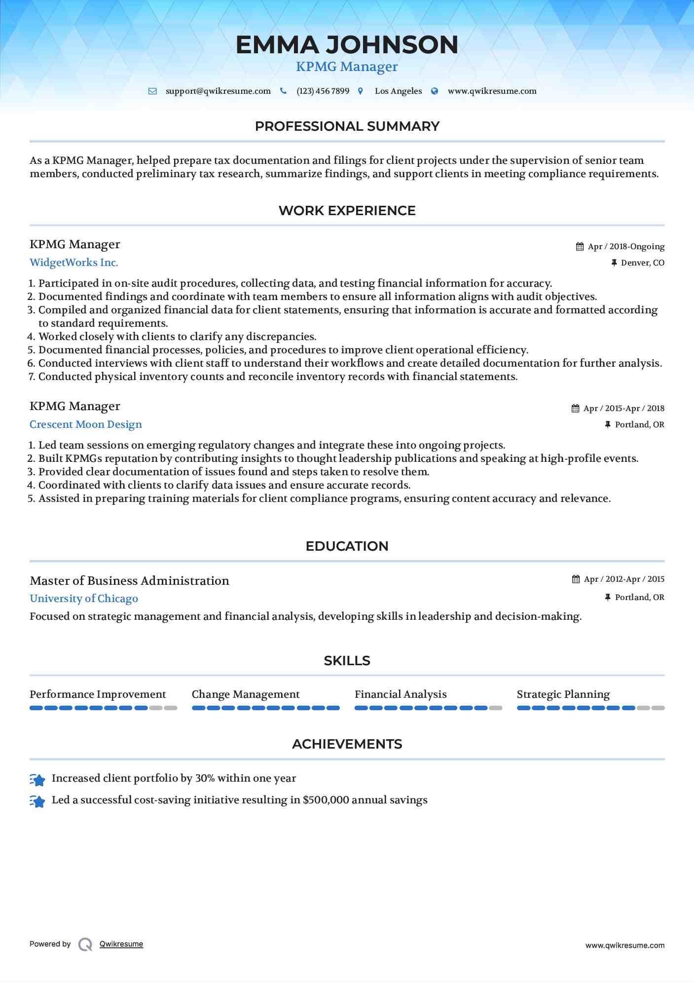 KPMG Manager Resume Model