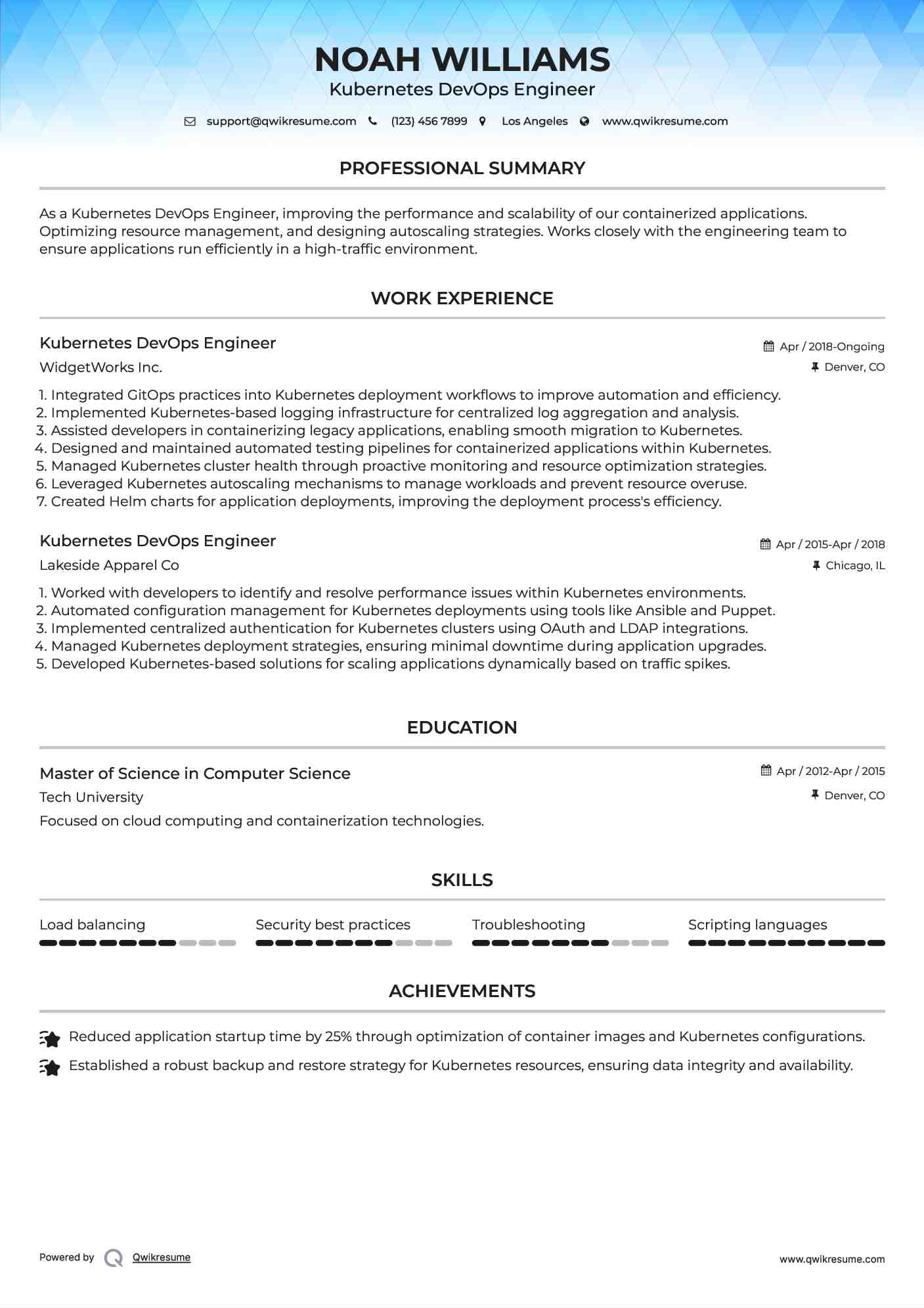 Kubernetes DevOps Engineer Resume Model