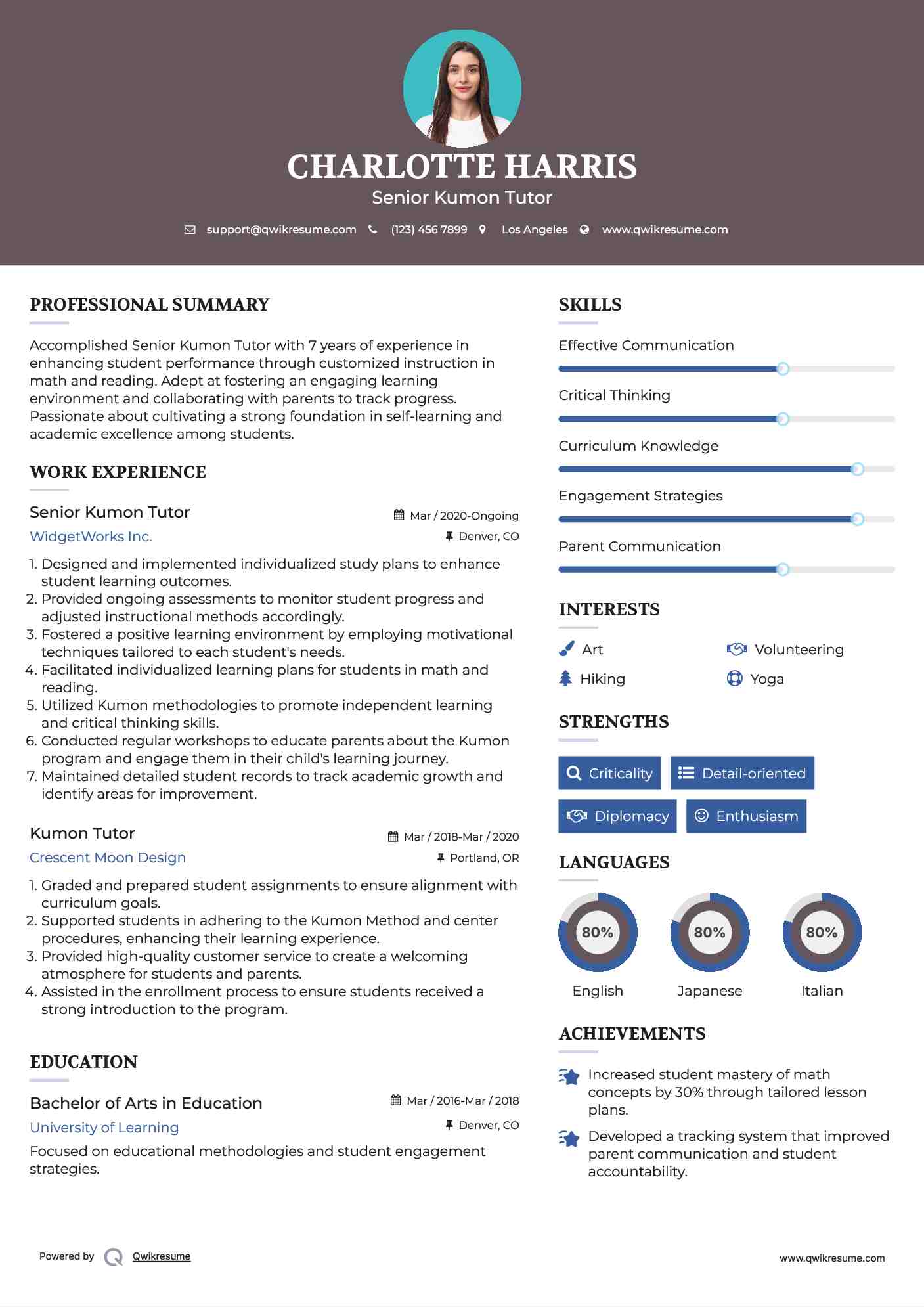 Senior Kumon Tutor Resume Template