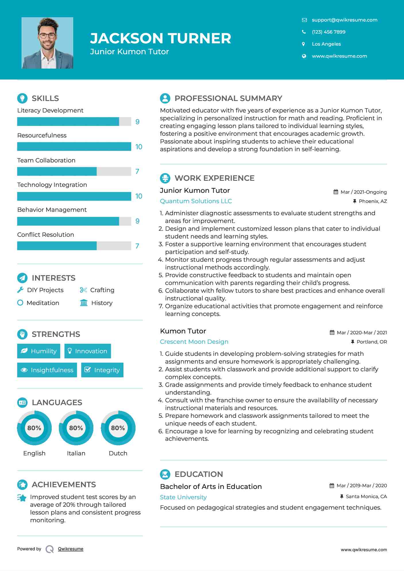 Junior Kumon Tutor Resume Sample