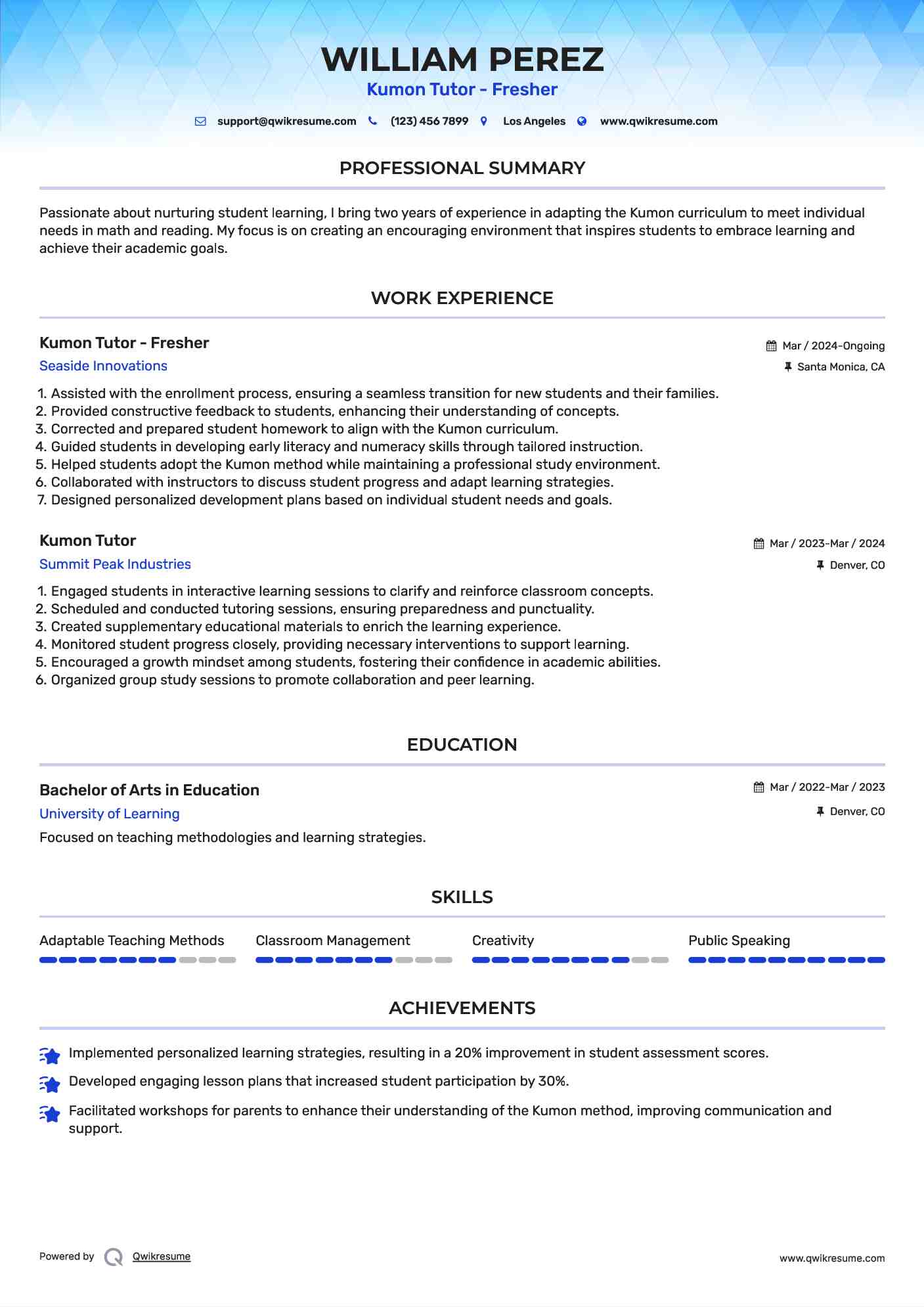 Kumon Tutor - Fresher Resume Model