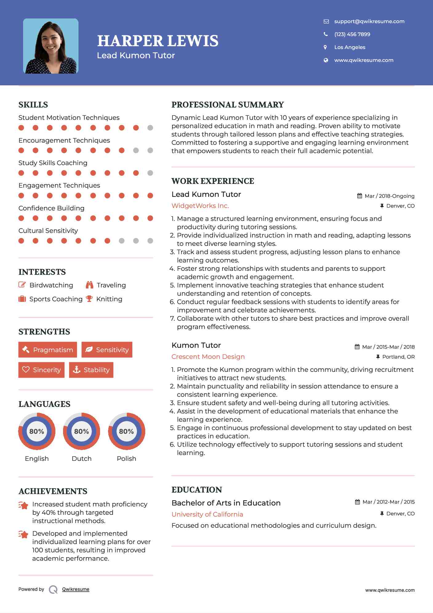 Lead Kumon Tutor  Resume Template