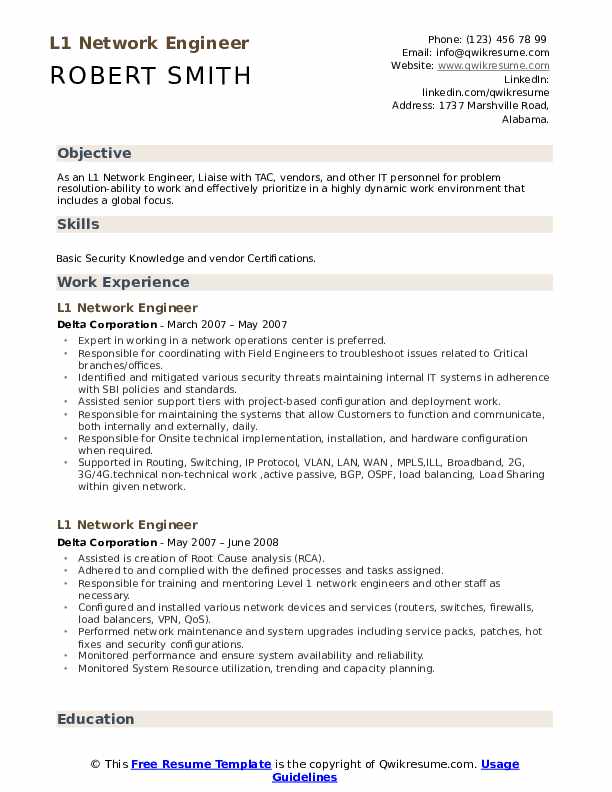 L1 Network Engineer Resume Samples QwikResume