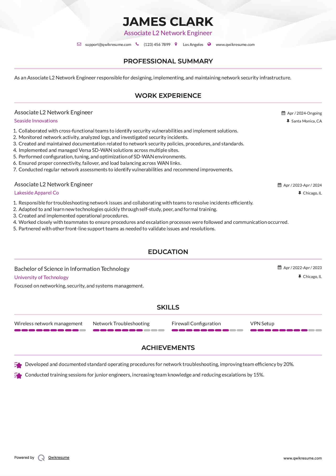 Associate L2 Network Engineer Resume Model