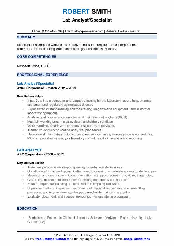 Lab Analyst Resume Samples | QwikResume