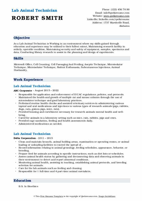 Lab Animal Technician Resume Samples QwikResume