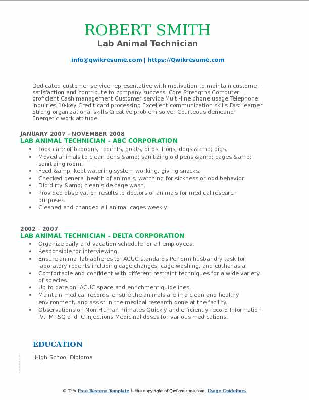 Lab Animal Technician Resume Samples QwikResume