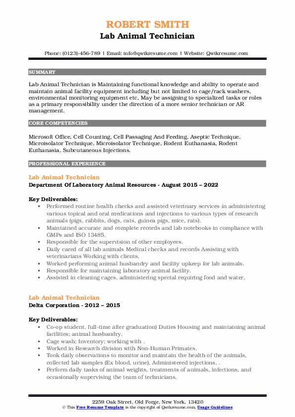Lab Animal Technician Resume Samples QwikResume