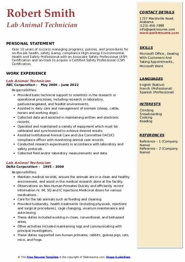 Lab Animal Technician Resume Samples QwikResume