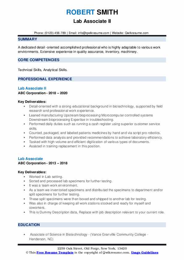 Lab Associate Resume Samples QwikResume