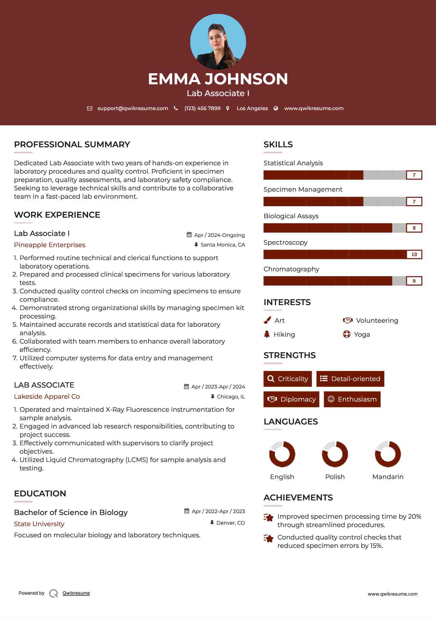Lab Associate Resume Samples | QwikResume