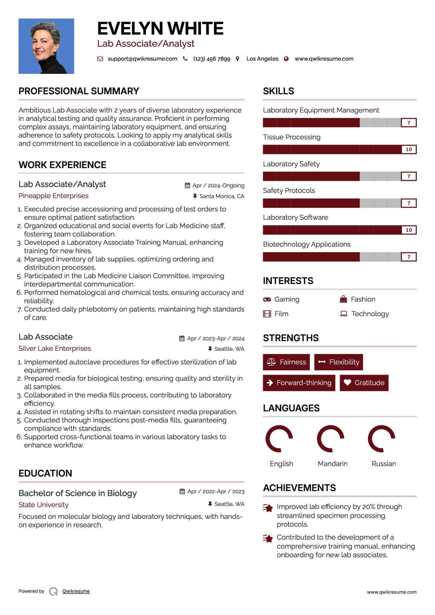 Lab Associate/Analyst Resume Sample