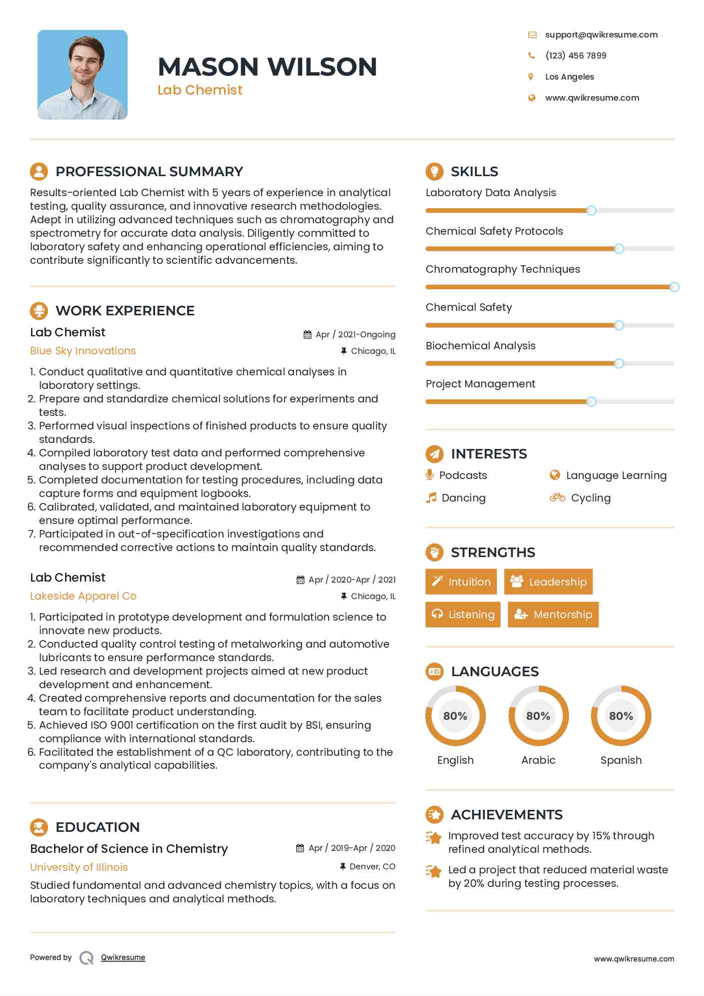 Lab Chemist Resume Example