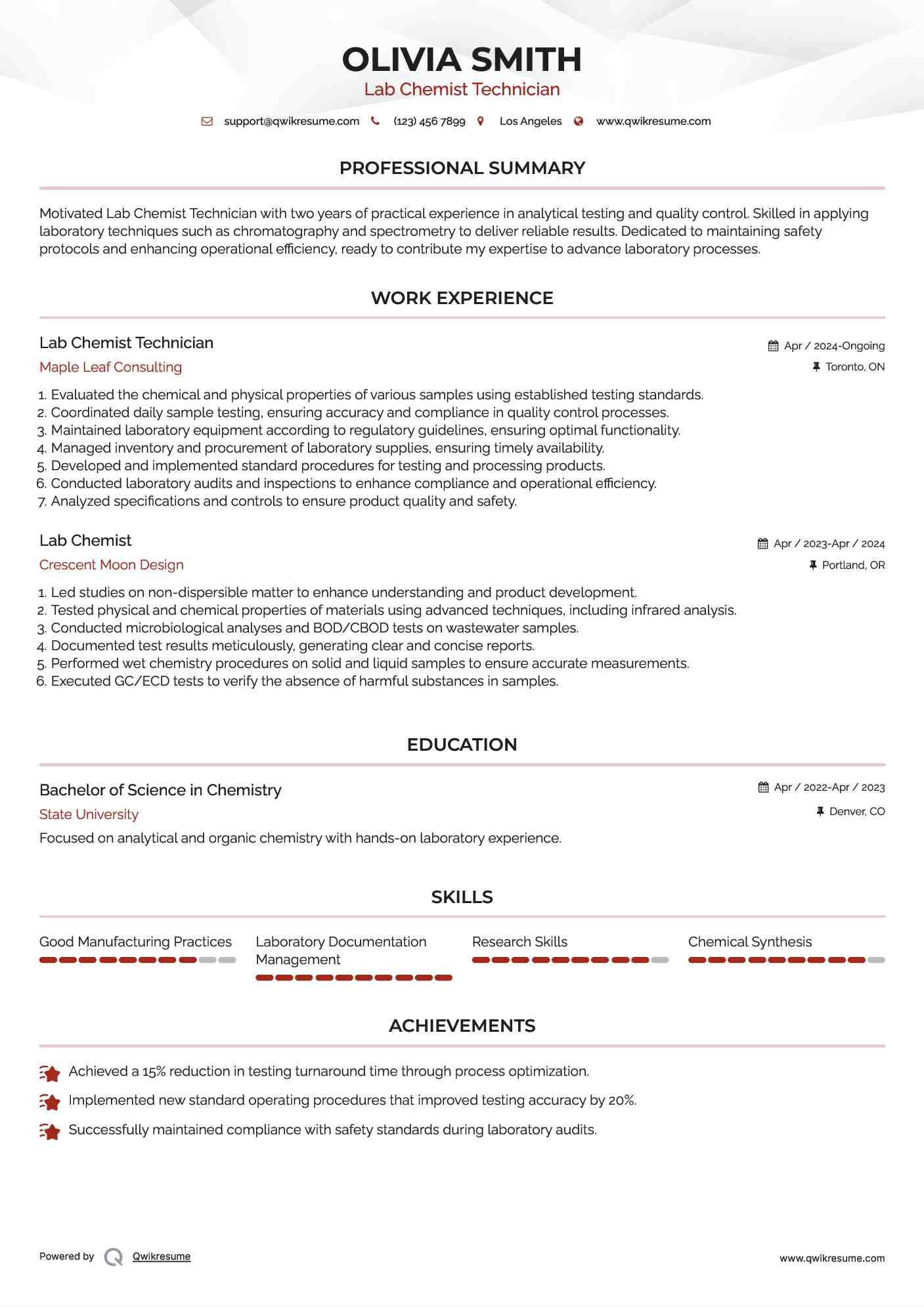 Lab Chemist Technician Resume Sample
