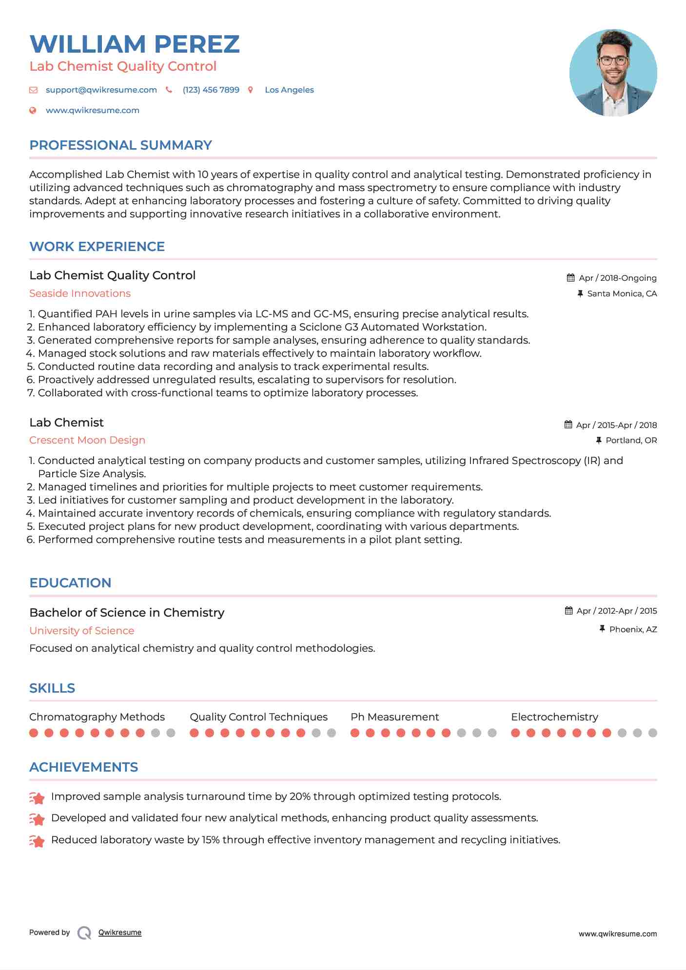 Lab Chemist Quality Control Resume Format