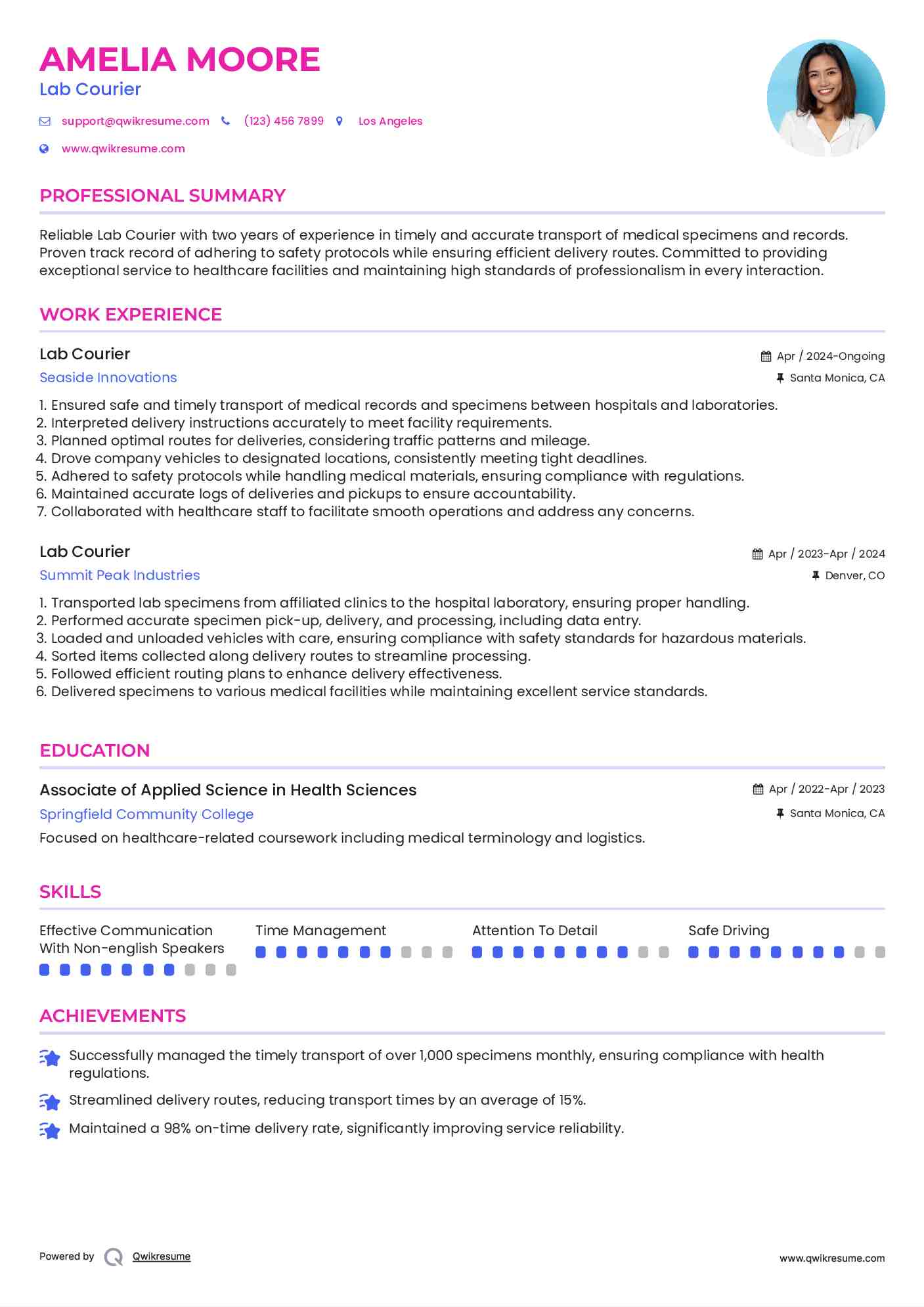 Lab Courier Resume Sample