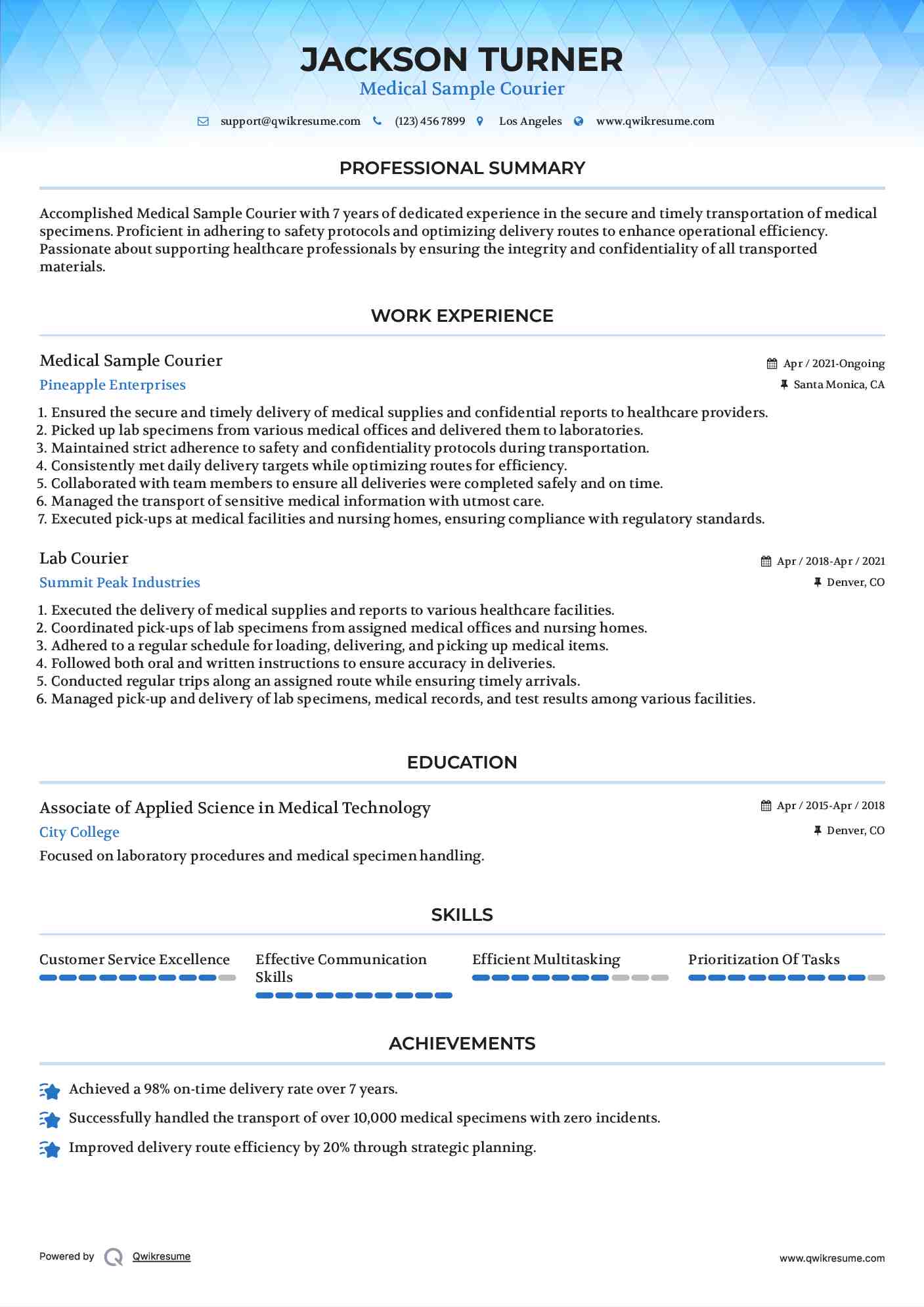 Medical Sample Courier Resume Template