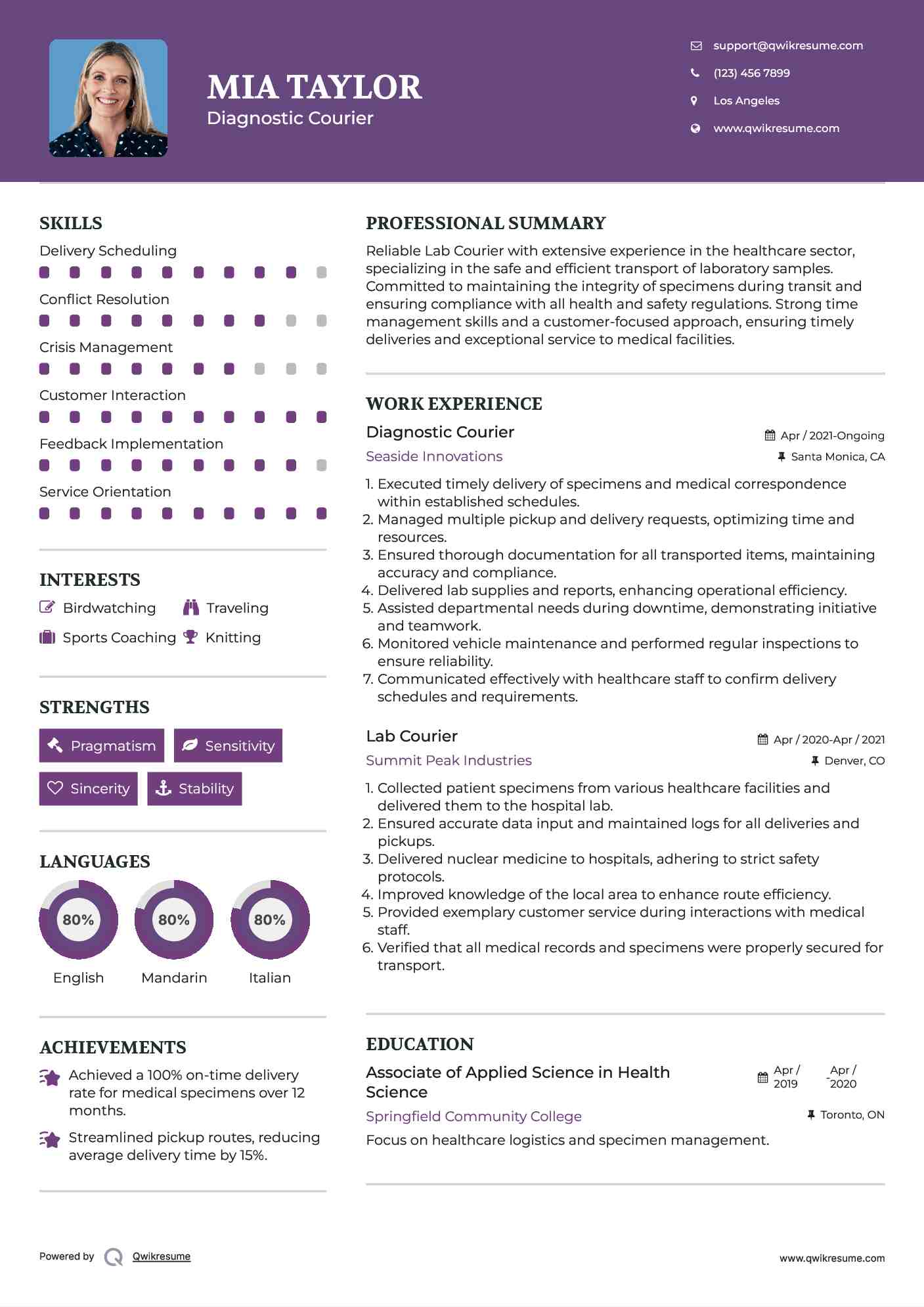 Lab Courier Resume Samples QwikResume