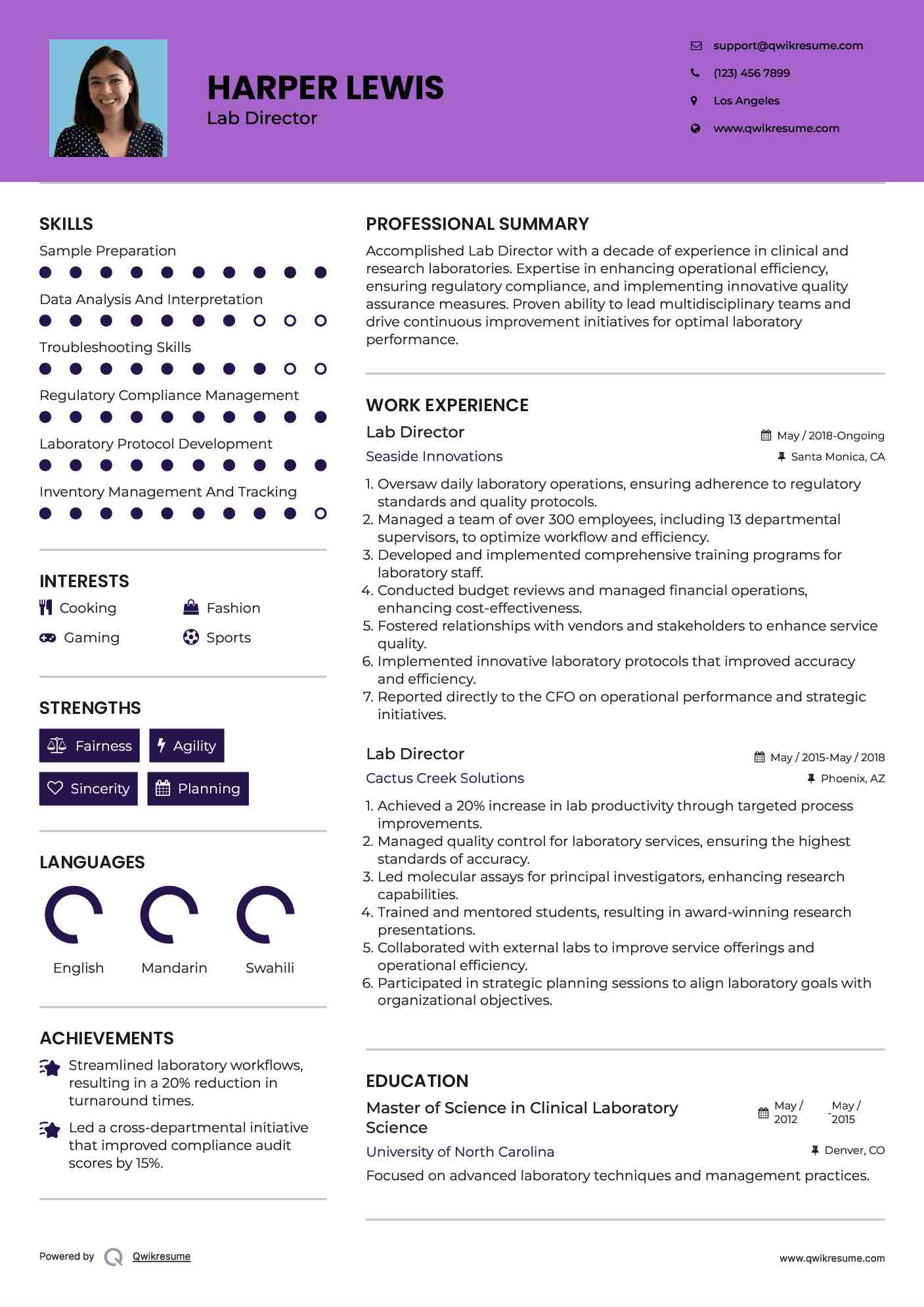 Lab Director Resume Sample
