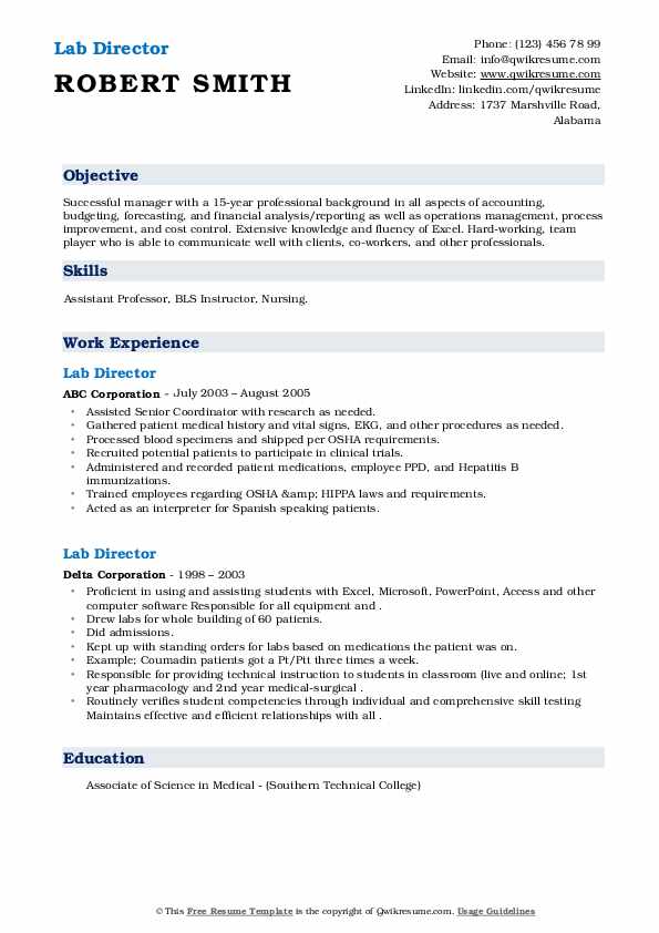 Lab Director Resume Samples QwikResume