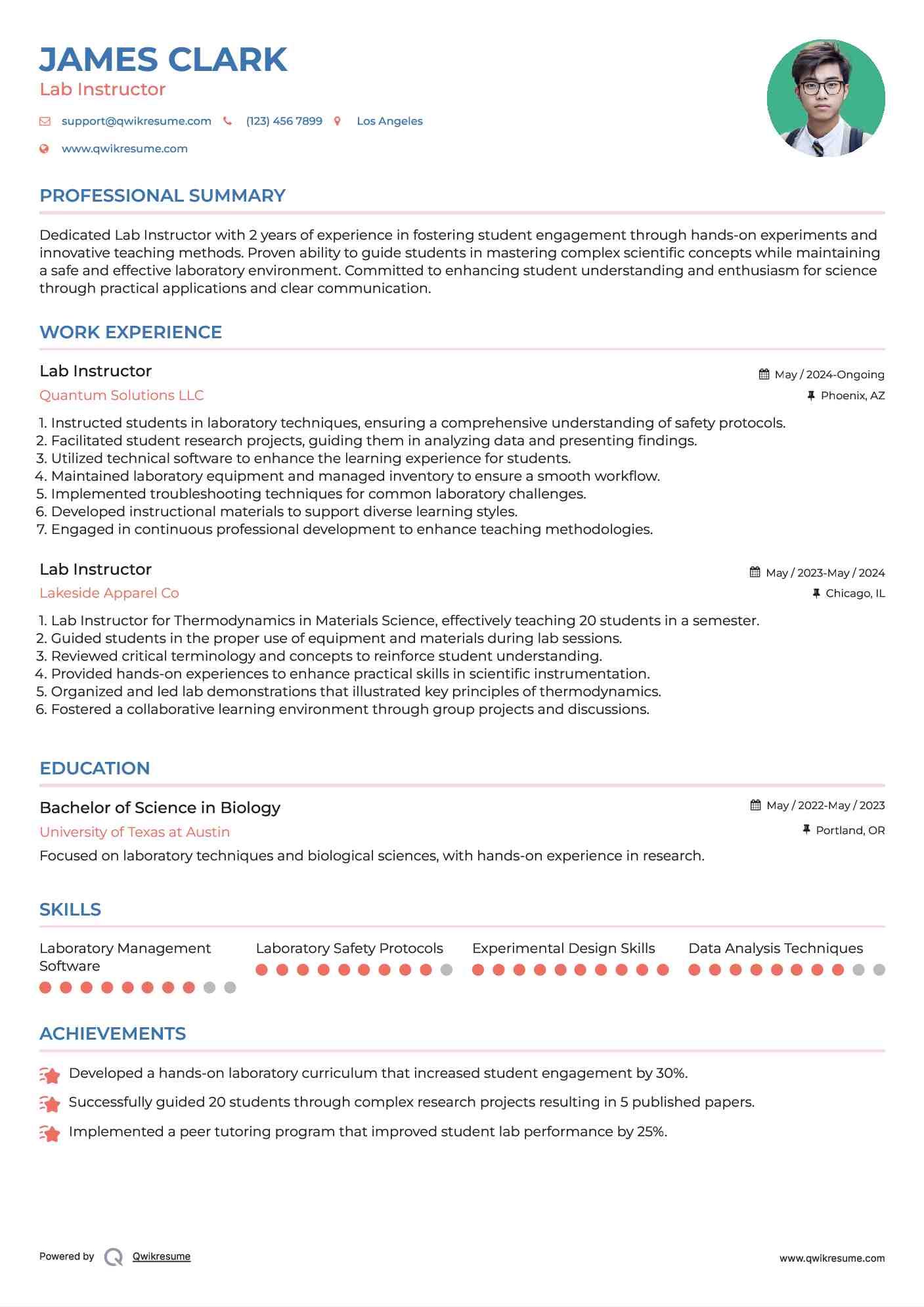 Lab Instructor Resume Model