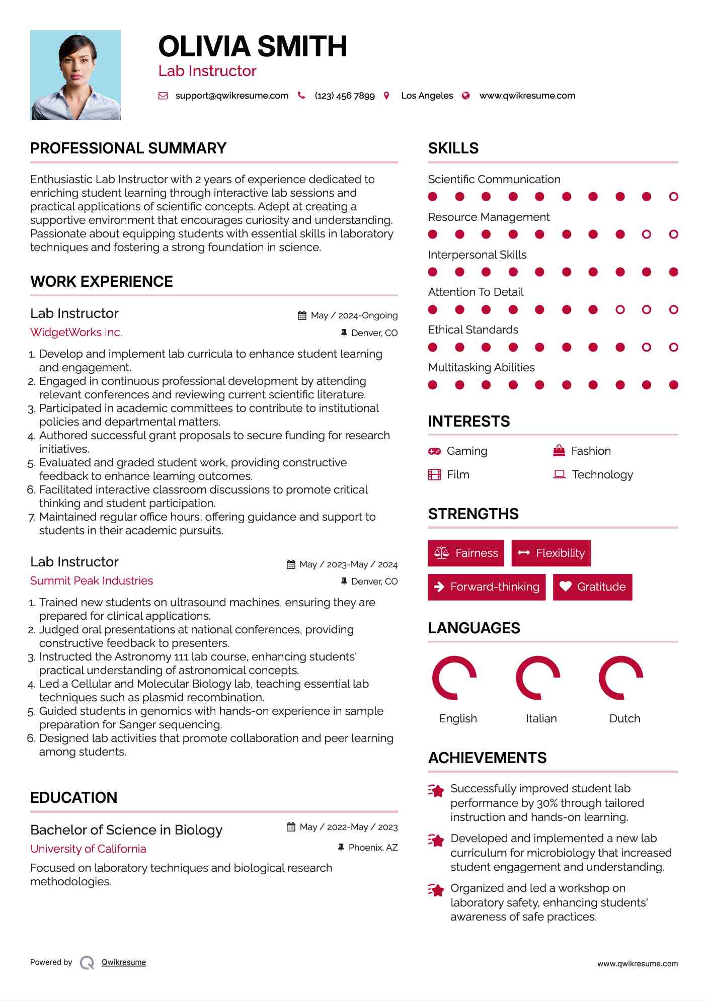 Lab Instructor Resume Samples QwikResume