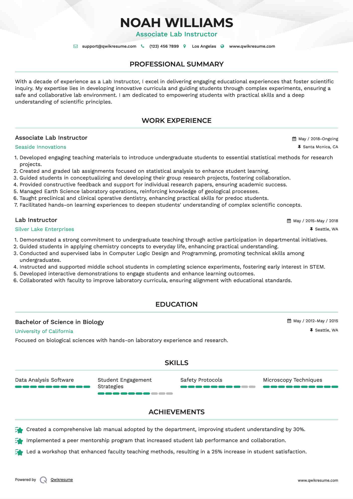 Associate Lab Instructor Resume Format
