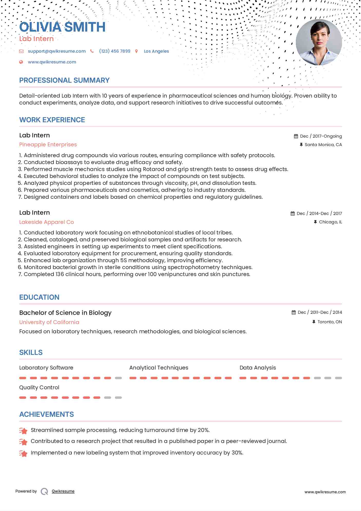 Lab Intern Resume Template