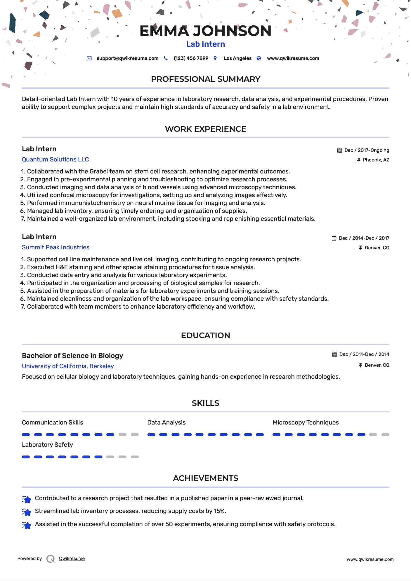 Lab Intern Resume Model