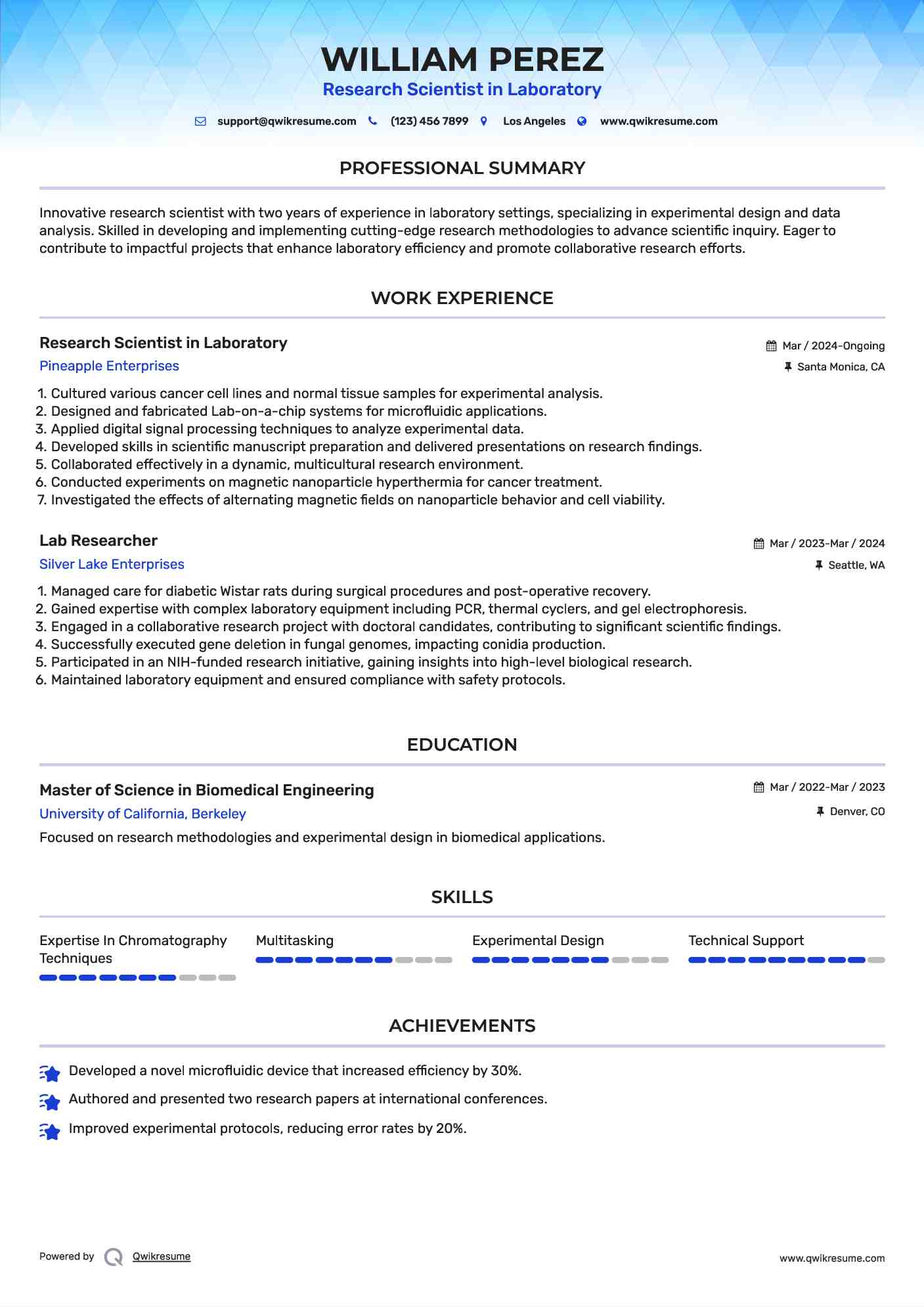 Research Scientist in Laboratory Resume Example