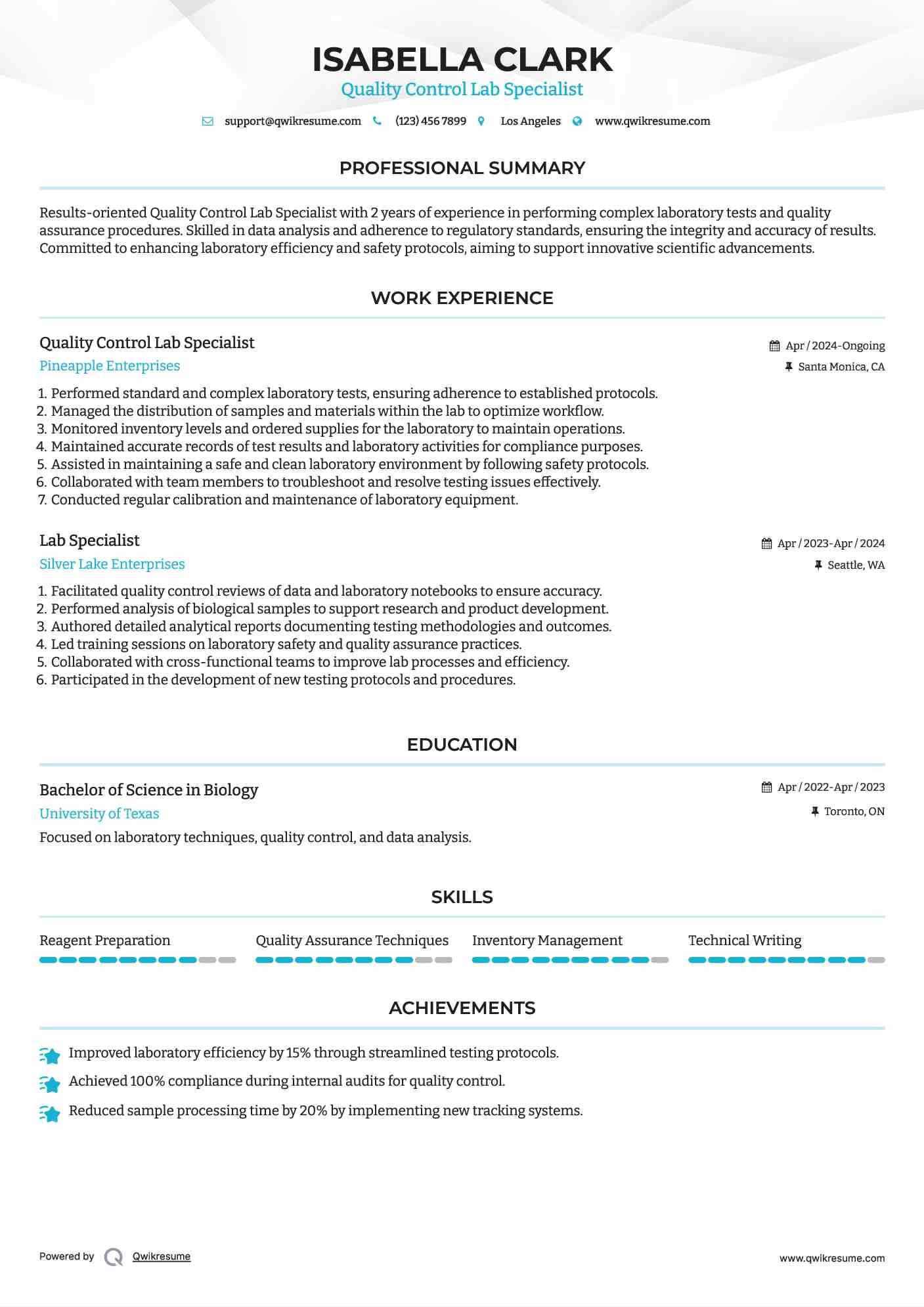 Quality Control Lab Specialist Resume Template