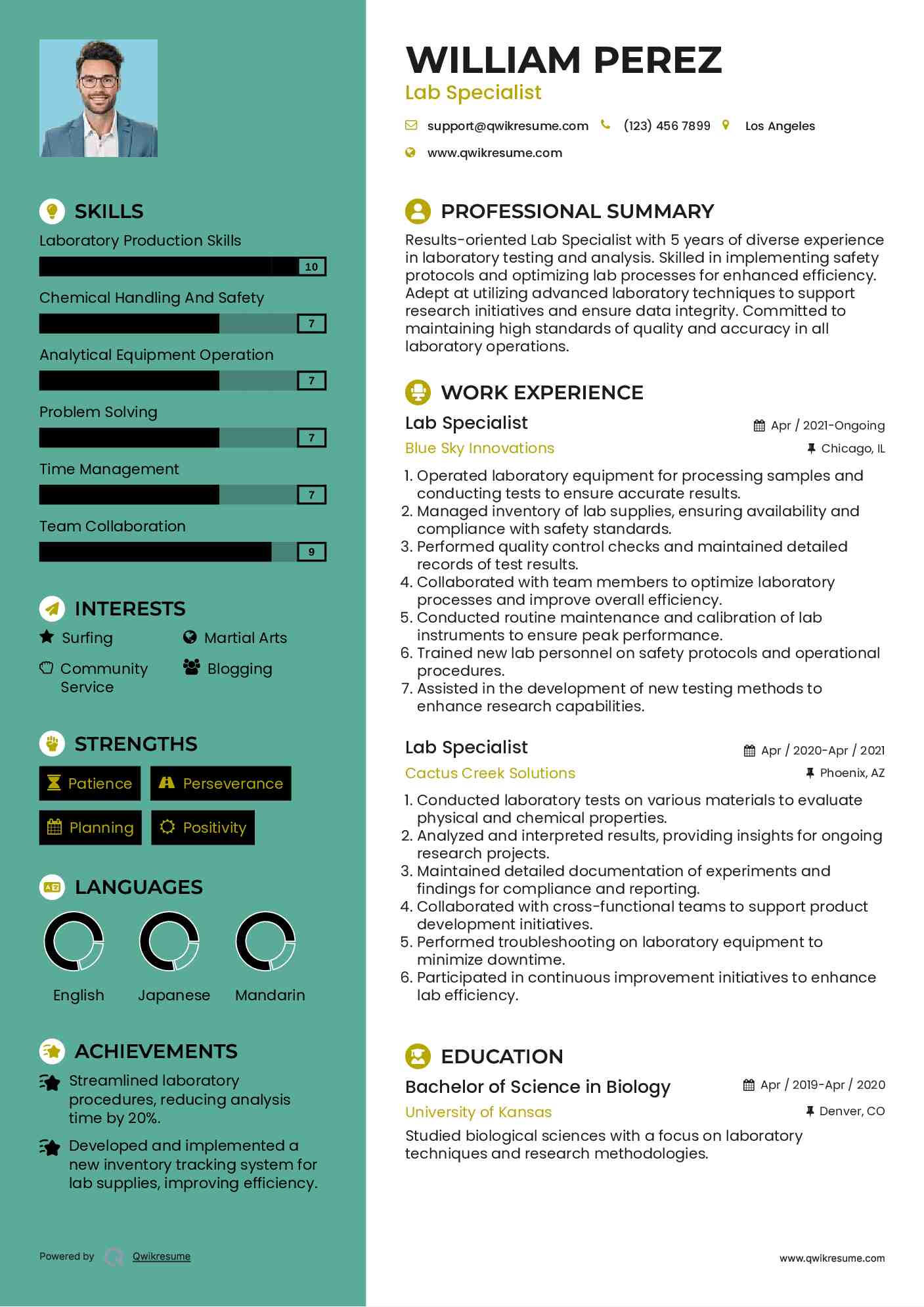 Lab Specialist Resume Model