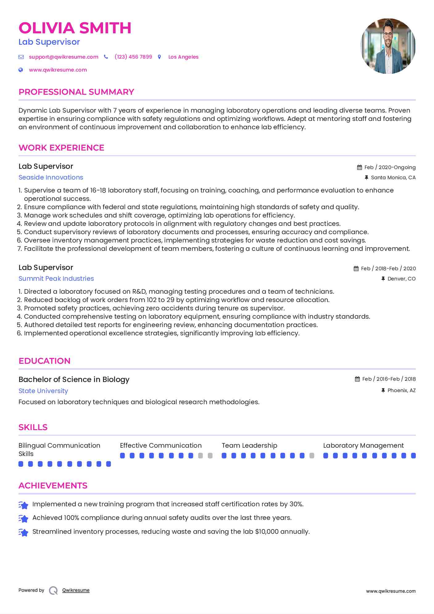 Lab Supervisor Resume Samples QwikResume