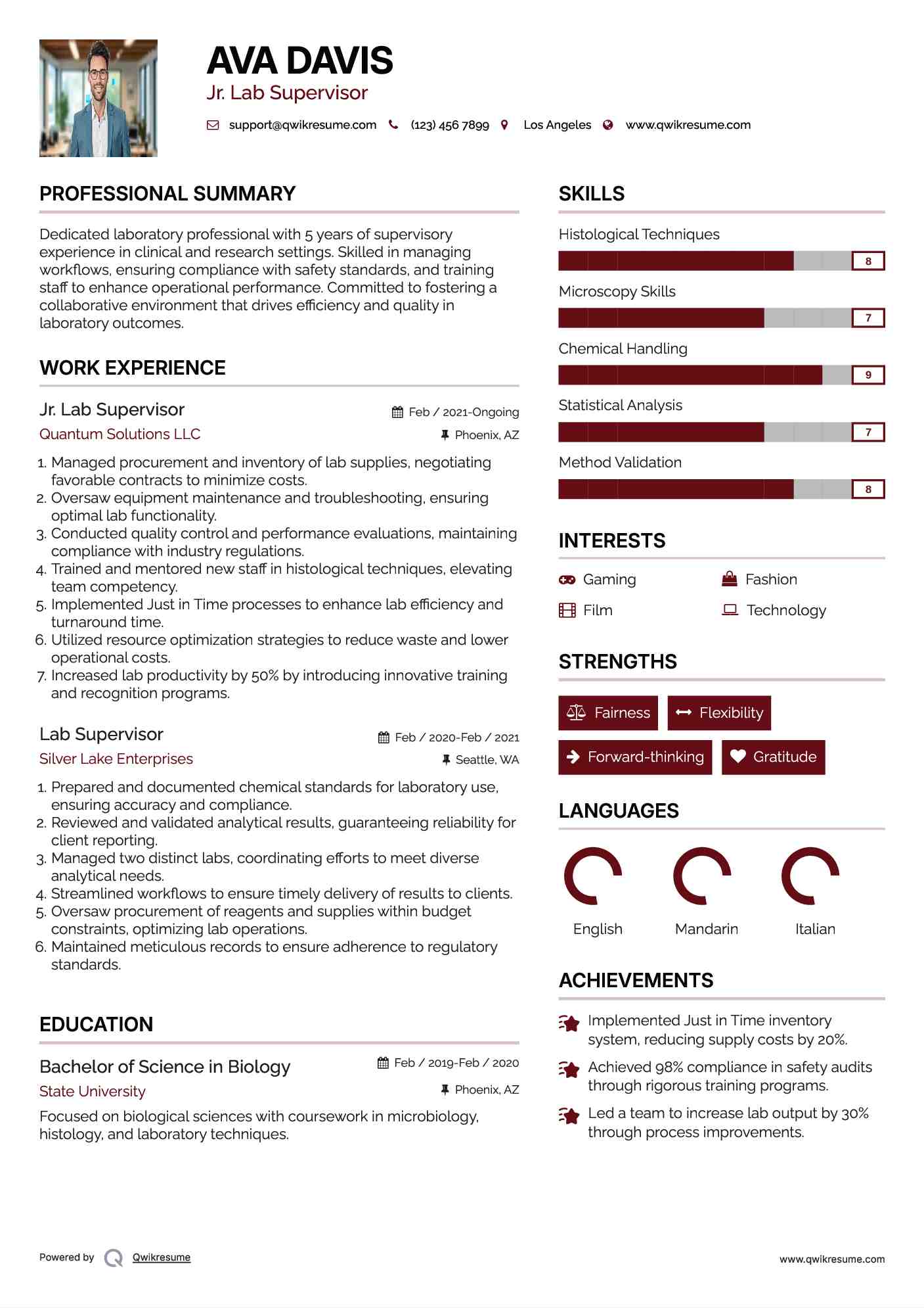 Lab Supervisor Resume Samples QwikResume