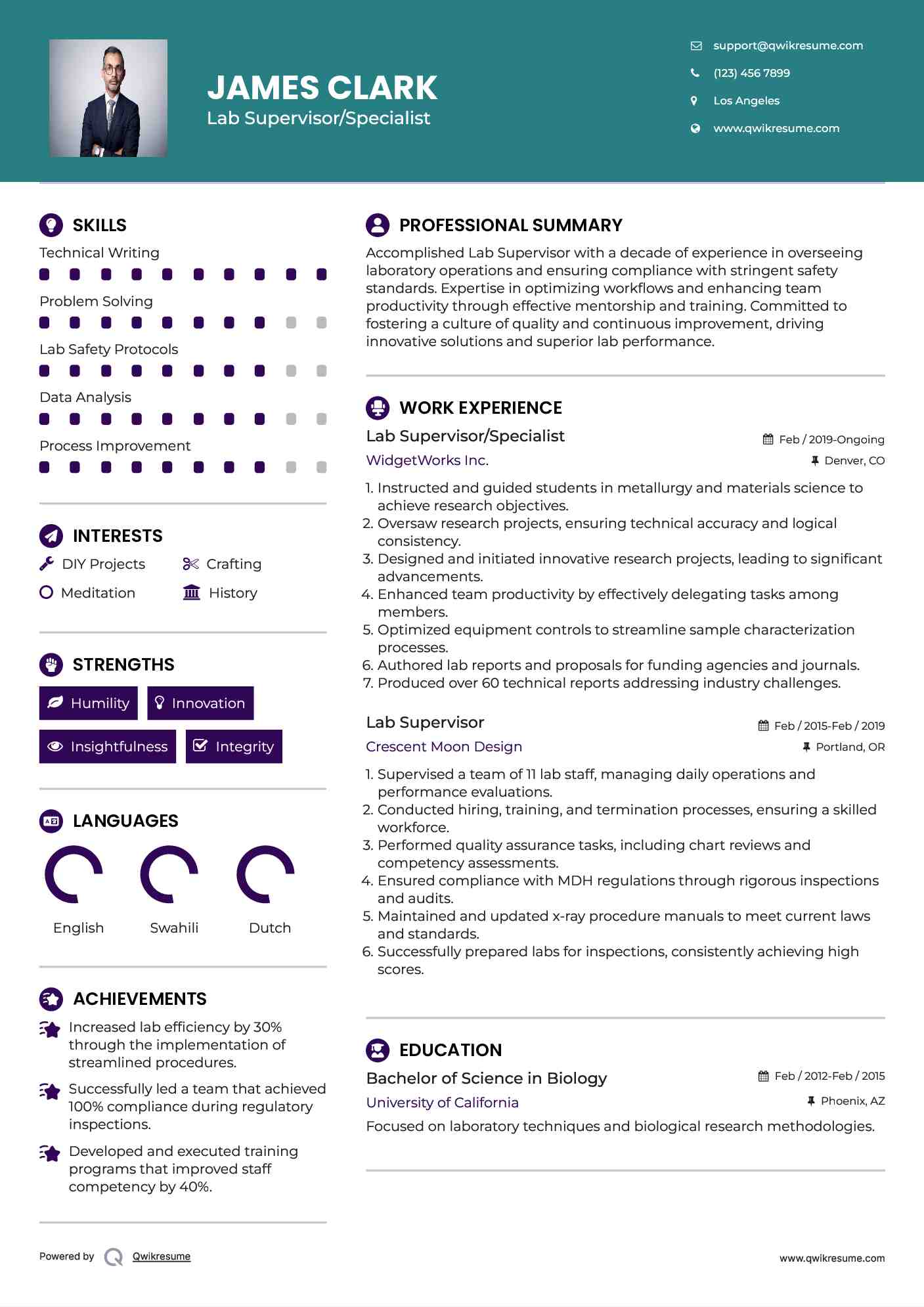 Lab Supervisor/Specialist Resume Format