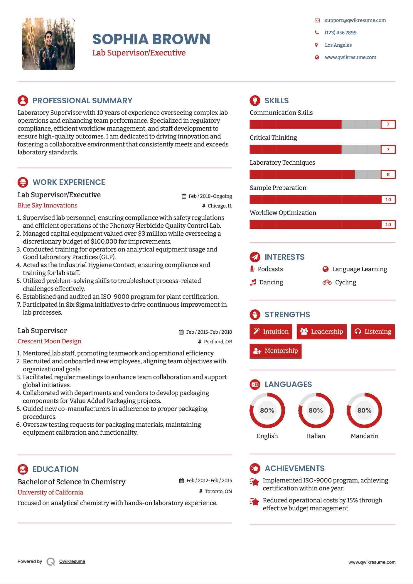 Lab Supervisor Resume Samples QwikResume