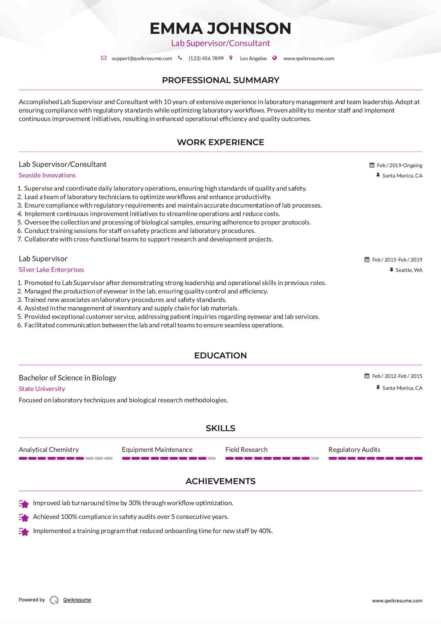 Lab Supervisor/Consultant Resume Sample