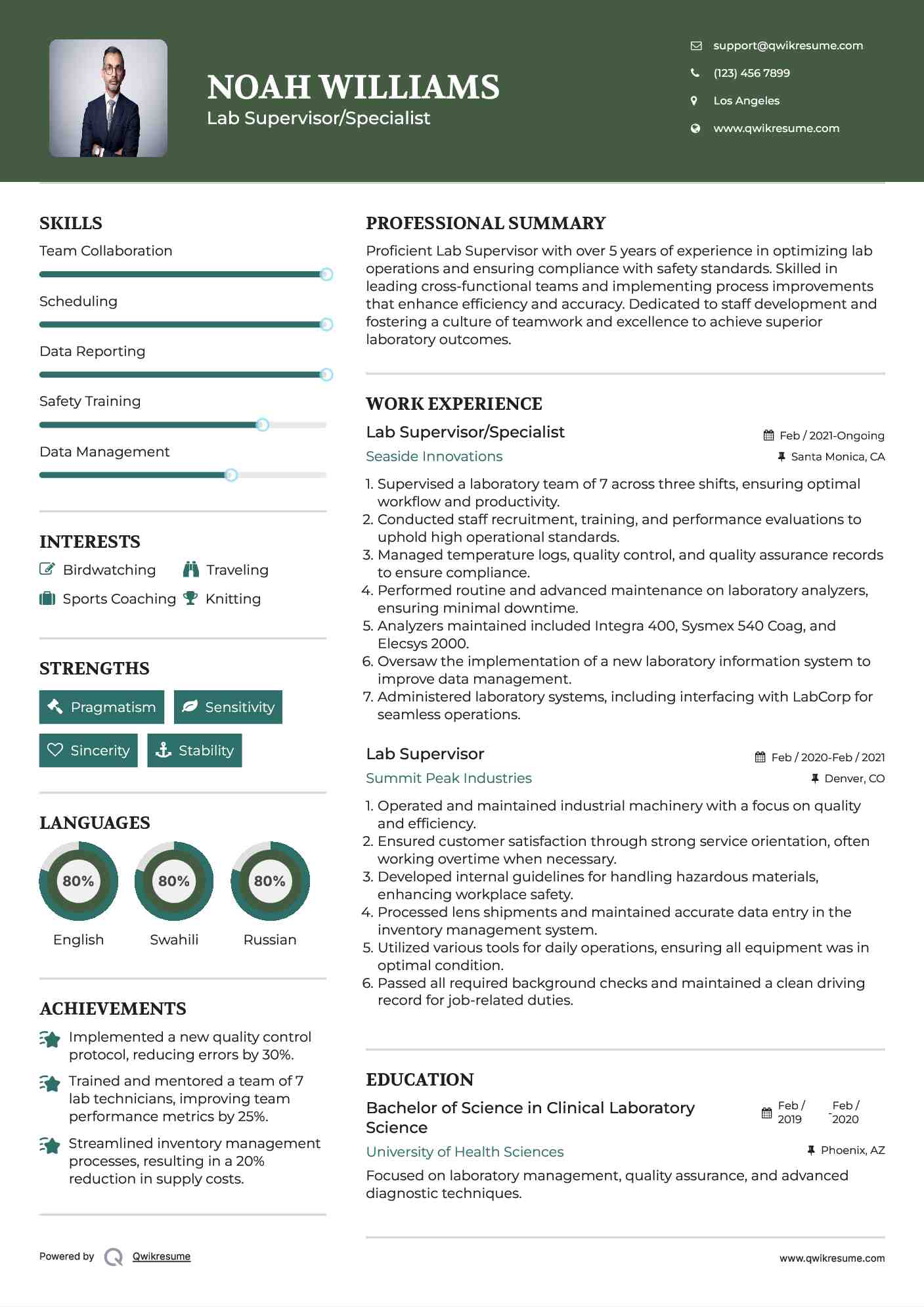 Lab Supervisor Resume Samples QwikResume