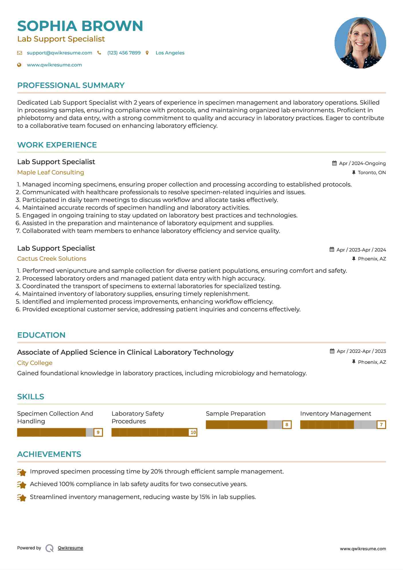 Lab Support Specialist Resume Sample