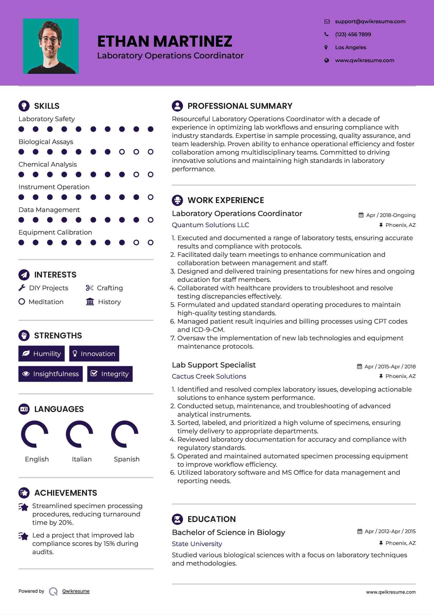 Laboratory Operations Coordinator Resume Format