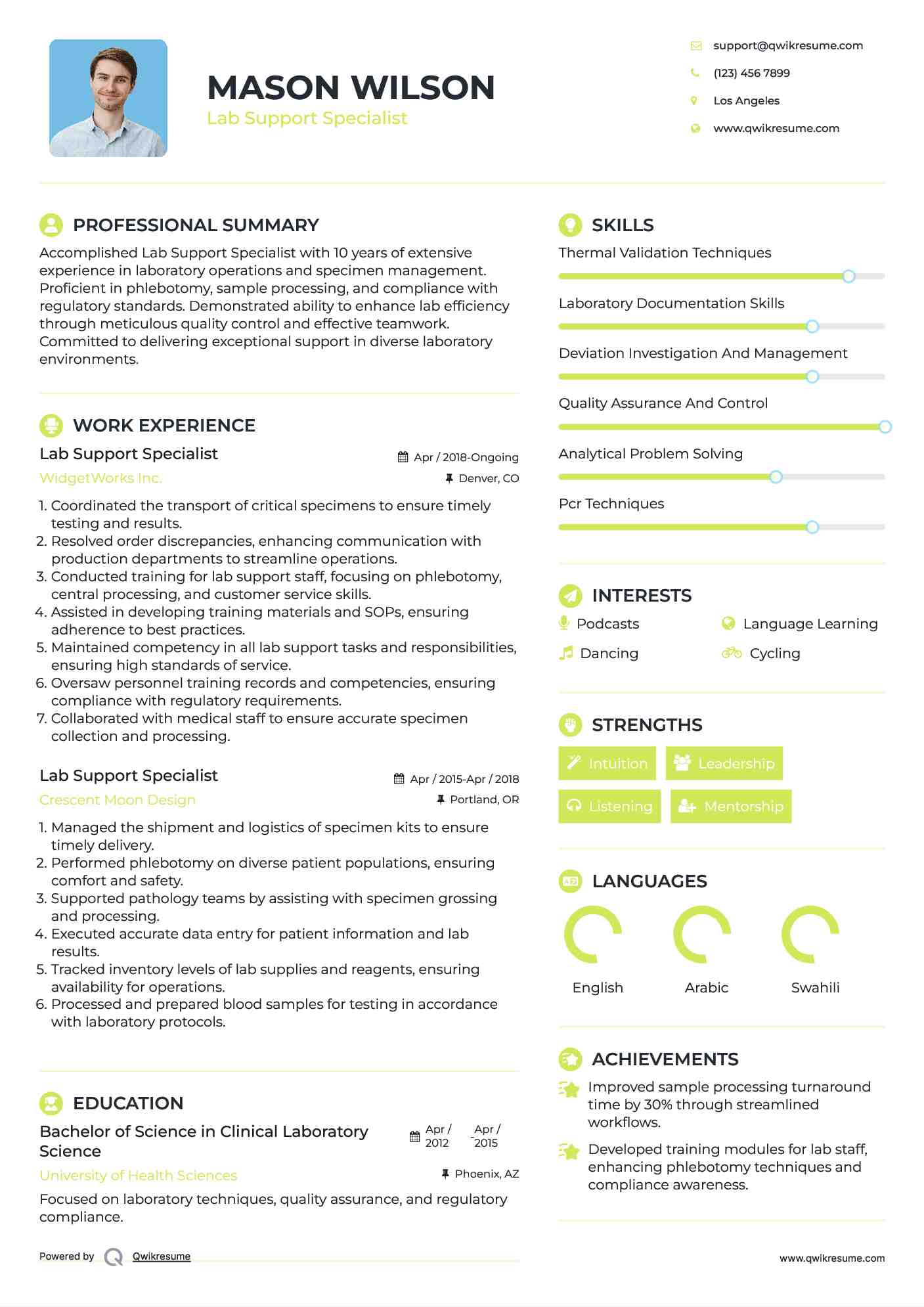 Lab Support Specialist Resume Format