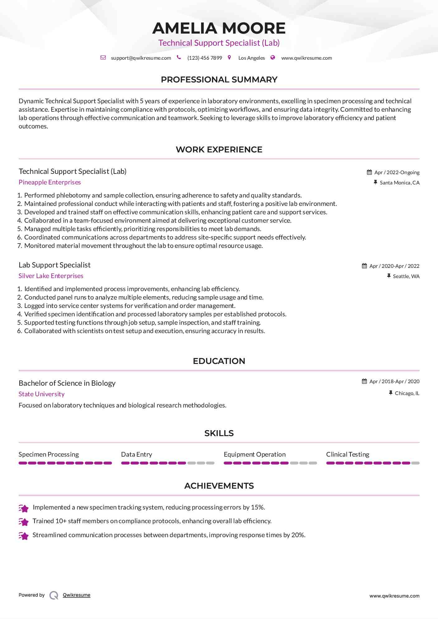 Technical Support Specialist (Lab) Resume Example