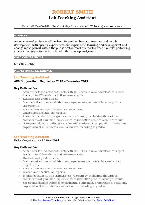 Lab Teaching Assistant Resume Samples QwikResume