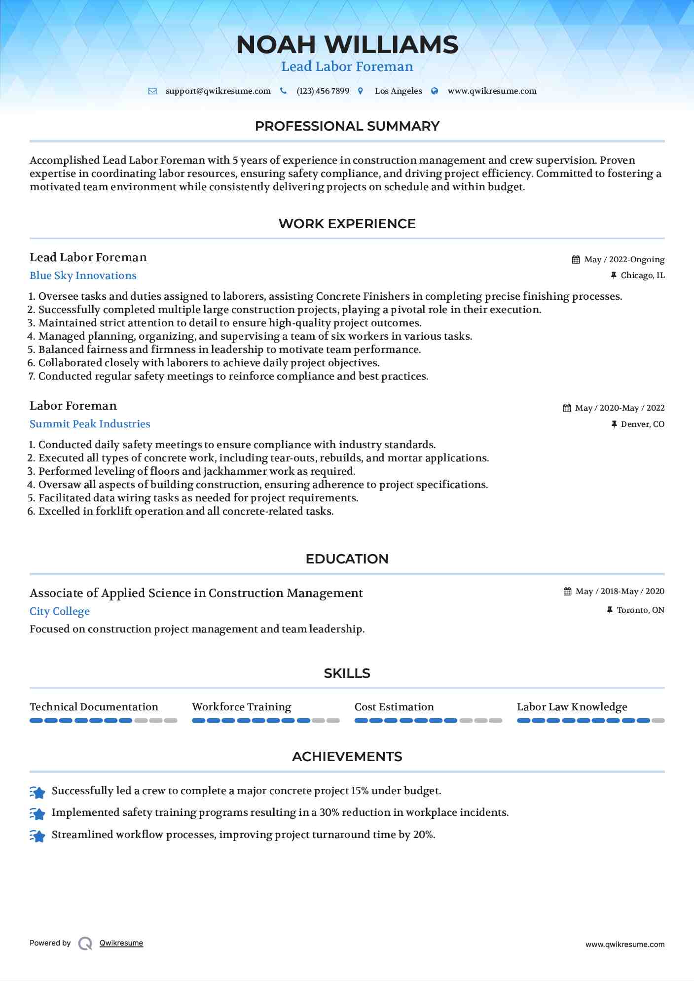 Labor Foreman Resume Samples QwikResume