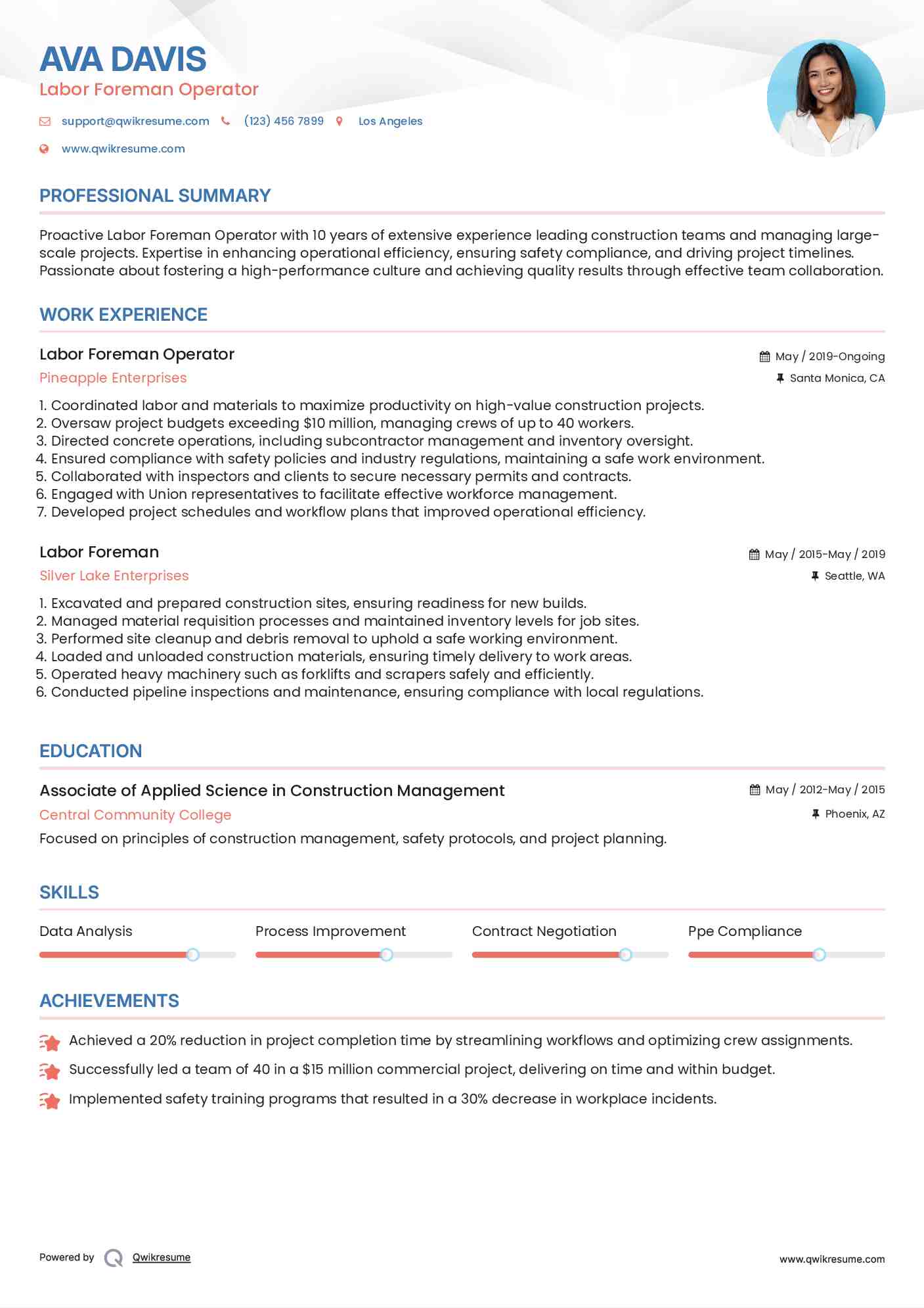 Labor Foreman Operator Resume Format